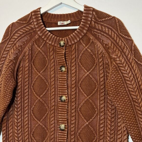 Faherty Sunwashed Cable Knit Cardigan Sweater Medium Women Brown Cotton Organic - Picture 7 of 12